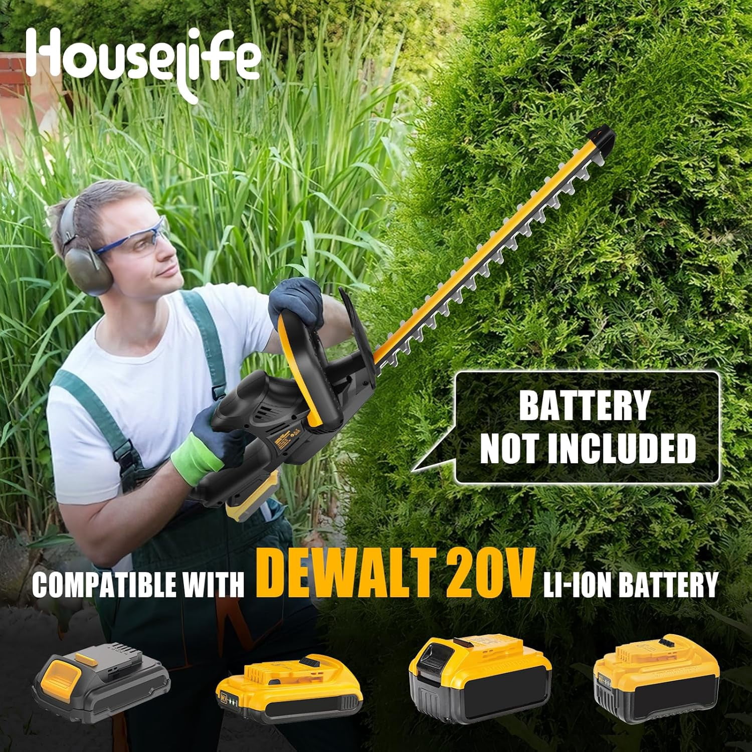 Cordless Hedge Trimmer Compatible with DeWalt 20V  Battery, 22-Inch Electric Bush Trimmer with Dual-Action Blade for Gardening