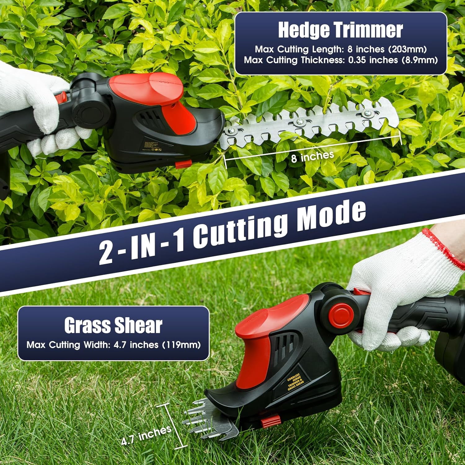 Cordless Hedge Trimmer Compatible with Milwaukee 18V  Battery, 2-in-1 Grass Shear Tool for Yard Garden Lawn Care, Red