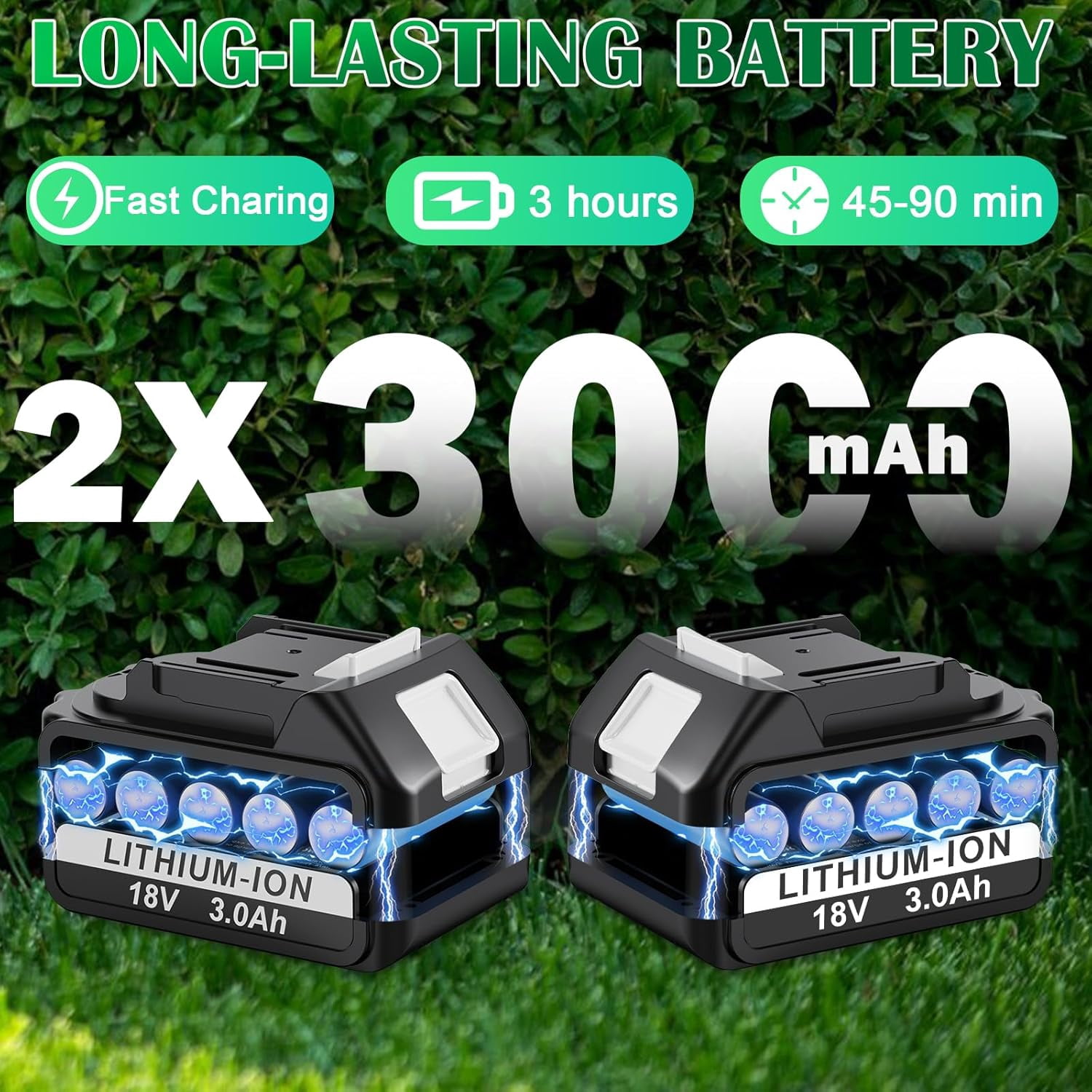 Cordless Hedge Trimmer with 2x 3.0Ah Batteries, Quick Charge Electric Grass Shears for Garden Lawn