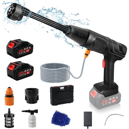 Cordless High Pressure Car Washer 30000 Mah Nacatin 6-in-1 Nozzle Portable Water Gun 2 Rechargable Batteries