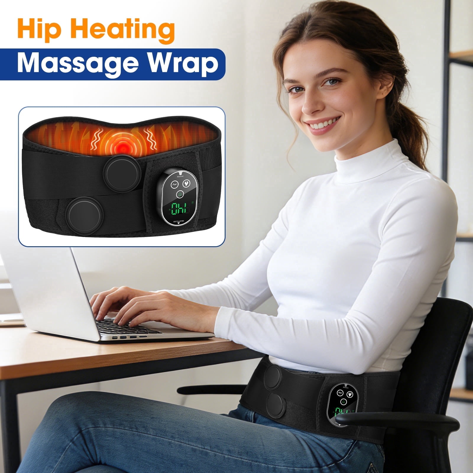 Cordless Hip Heating Pad with Massage,Rechargeable Heated Hip Wrap 3000mAh Battery,Portable Waist & Thigh Heating Belt with 5 Heat Levels & 3 Vibration Modes,Adjustable Wearable Wrap for Home Travel