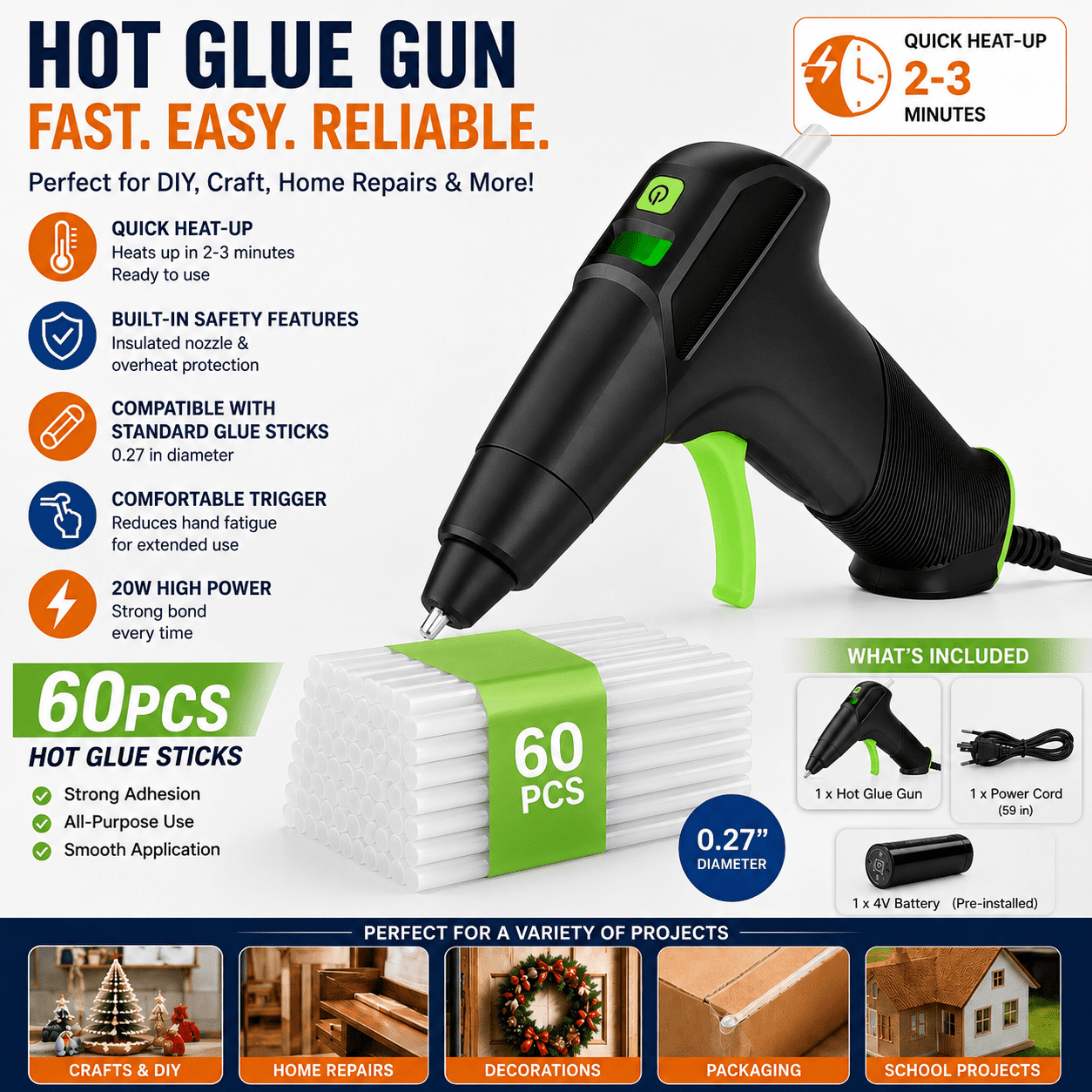 Cordless Hot Glue Gun with Carrying Case,12s Fast Preheating with 2Ah Built-in Battery,with 60pcs Premius Glue Sticks,Smart Power-Off,Suitable for DIY Craft