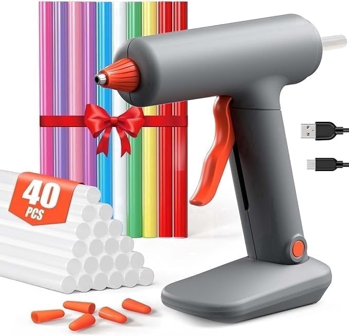 Cordless Hot Glue Gun Kit Fast Heating 3000mAh Rechargeable Mini Glue Gun with Anti-Drip Nozzle, 30pcs Clear & 10pcs Colorful Glue Sticks, for Arts Crafts DIY School Projects Home Repairs