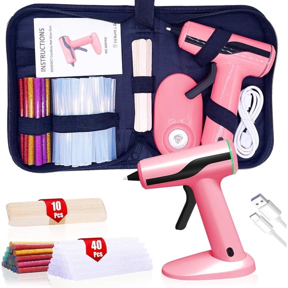 Cordless Hot Glue Gun Kit, USB-C Rechargeable Mini Pink Glue Gun with 40 Pcs Premium Glue Sticks, 10 Pcs Craft sticks, Carrying Case, Smart Power-Off Hot Melt Glue Gun for DIY Craft Gift