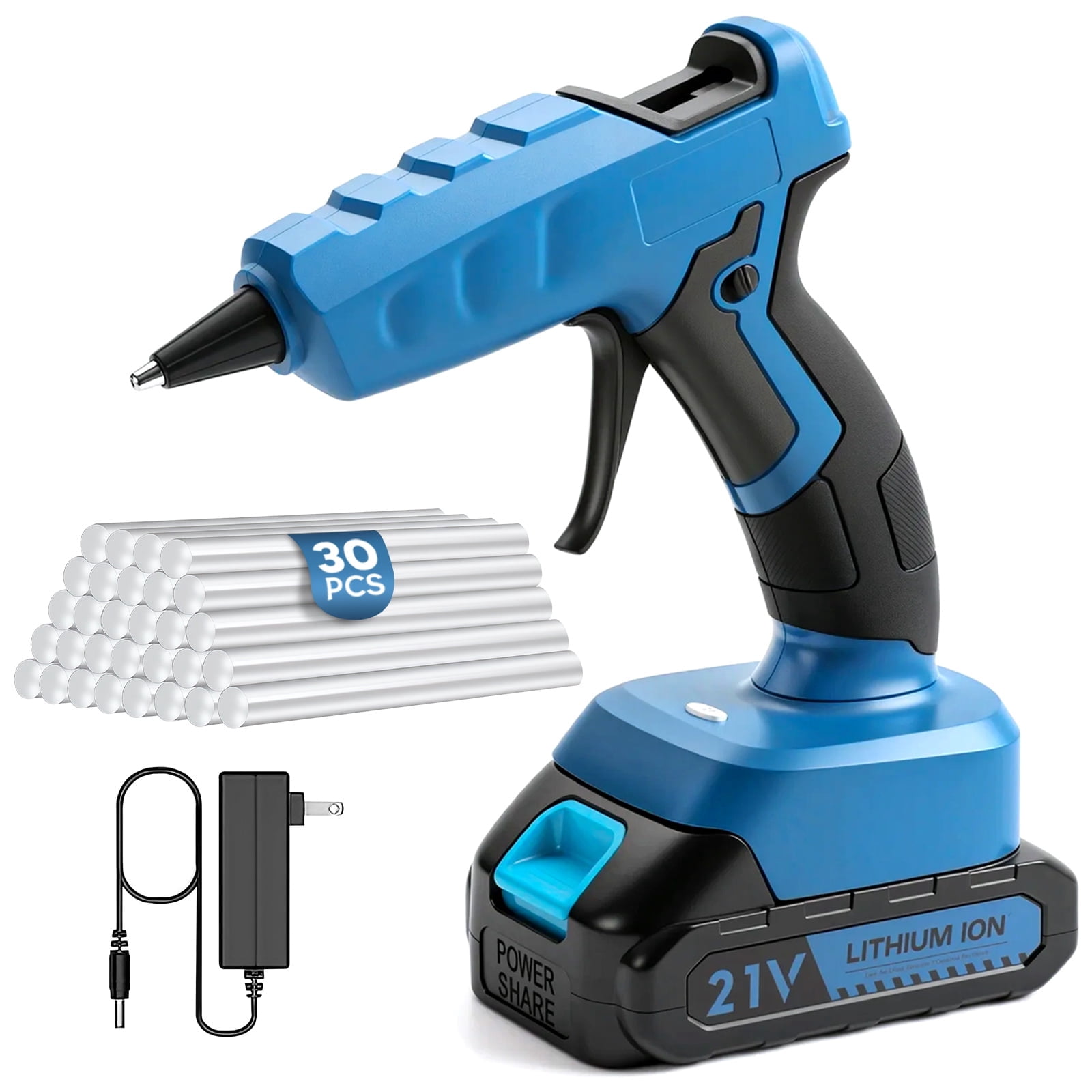 Cordless Hot Glue Gun with 2.0Ah Battery Charger and 30pcs Full Size Glue Sticks 100W Power Melt Glue Gun for DIY Festival Decor and Gifts, Blue