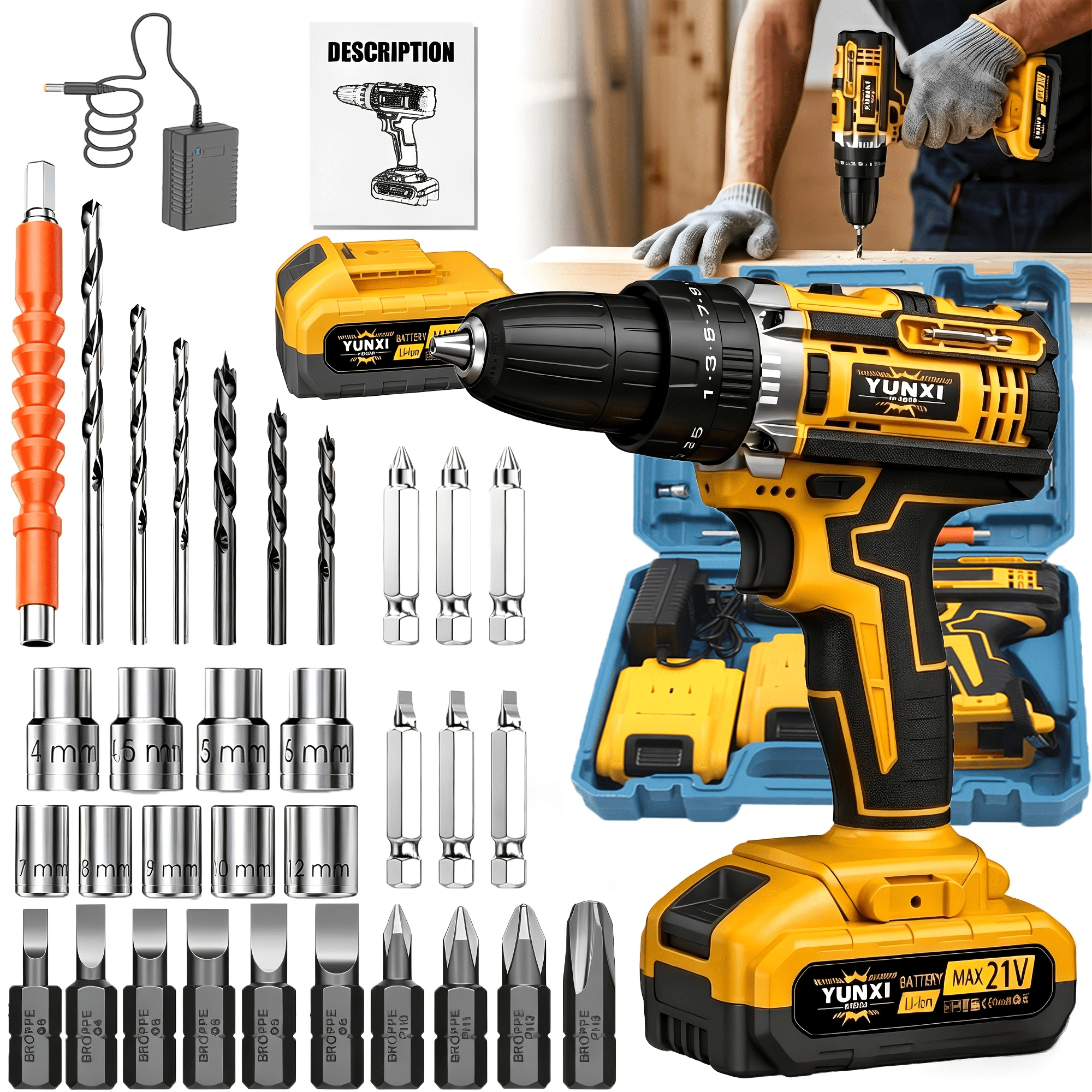 Cordless Impact Drill Kit with Battery and Storage Case, Variable Speed Driver with Work Light for Home Repair