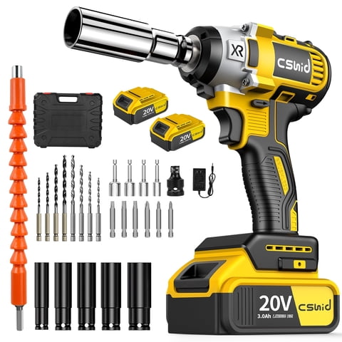Cshidworld Cordless Impact Wrench 1/2", 20V Powerful Brushless Motor w/ 2-Mode Speed, Power Impact Wrench W/ 5 Sockets,8 Drill,6 Screws, Max Torque 280 ft-lbs (380N.m), Includes 2 x 3.0A Batteries