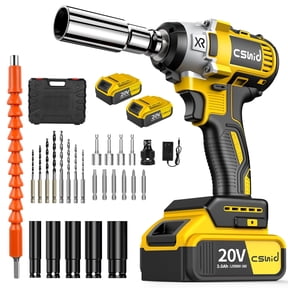 Cshidworld Cordless Impact Wrench 1/2", 20V Powerful Brushless Motor w/ 2-Mode Speed, Power Impact Wrench W/ 5 Sockets,8 Drill,6 Screws, Max Torque 280 ft-lbs (380N.m), Includes 2 x 3.0A Batteries
