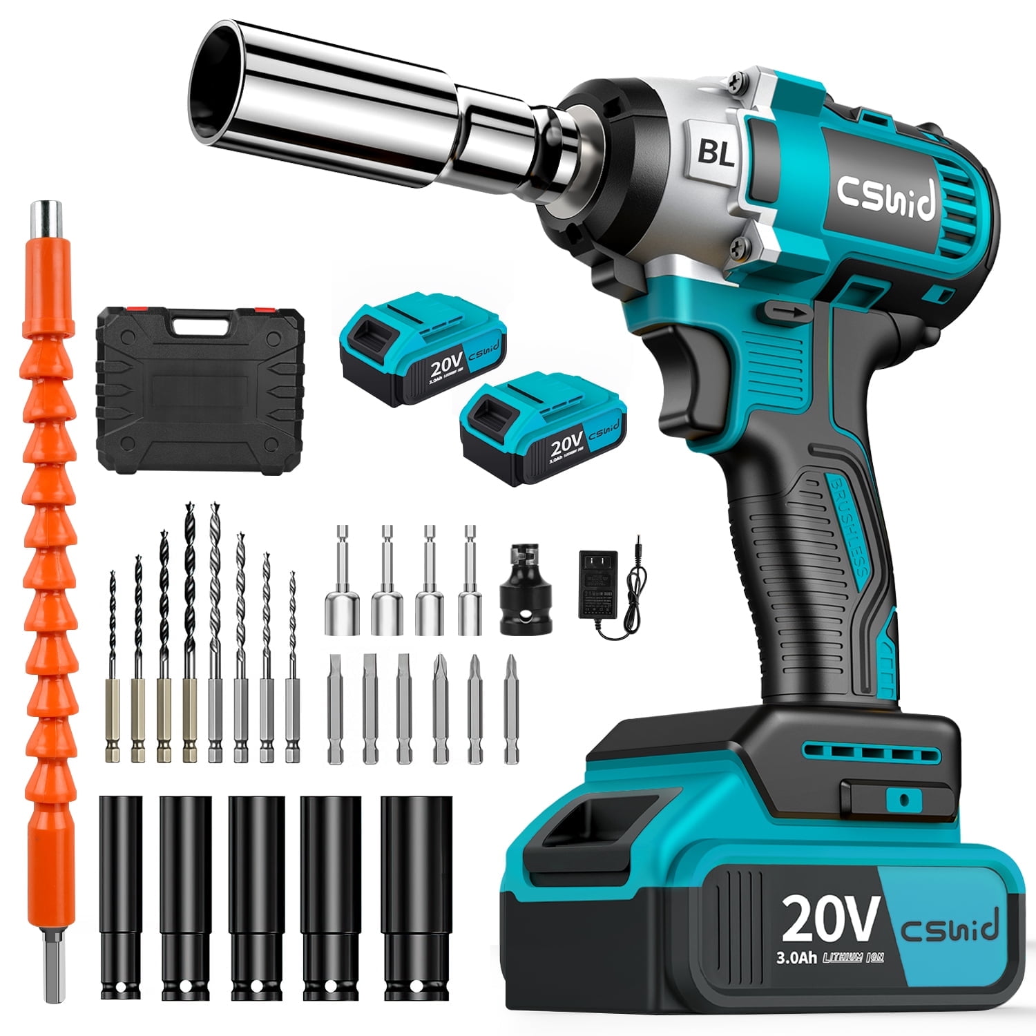 Cshidworld Cordless Impact Wrench 1/2", 20V Powerful Brushless Motor w/ 2-Mode Speed, Power Impact Wrench W/ 5 Sockets,8 Drill,6 Screws, Max Torque 280 ft-lbs (380N.m), Includes 2 x 3.0A Batteries
