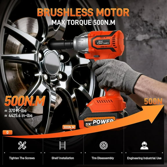 Cordless Impact Wrench, 1/2 Brushless Impact Gun, 369ft-lbs(500N.m), Power Impact Driver Kit with 4.0Ah Battery & Fast Charger, Electric Impact Driver Set for Car/ Furniture/Mower
