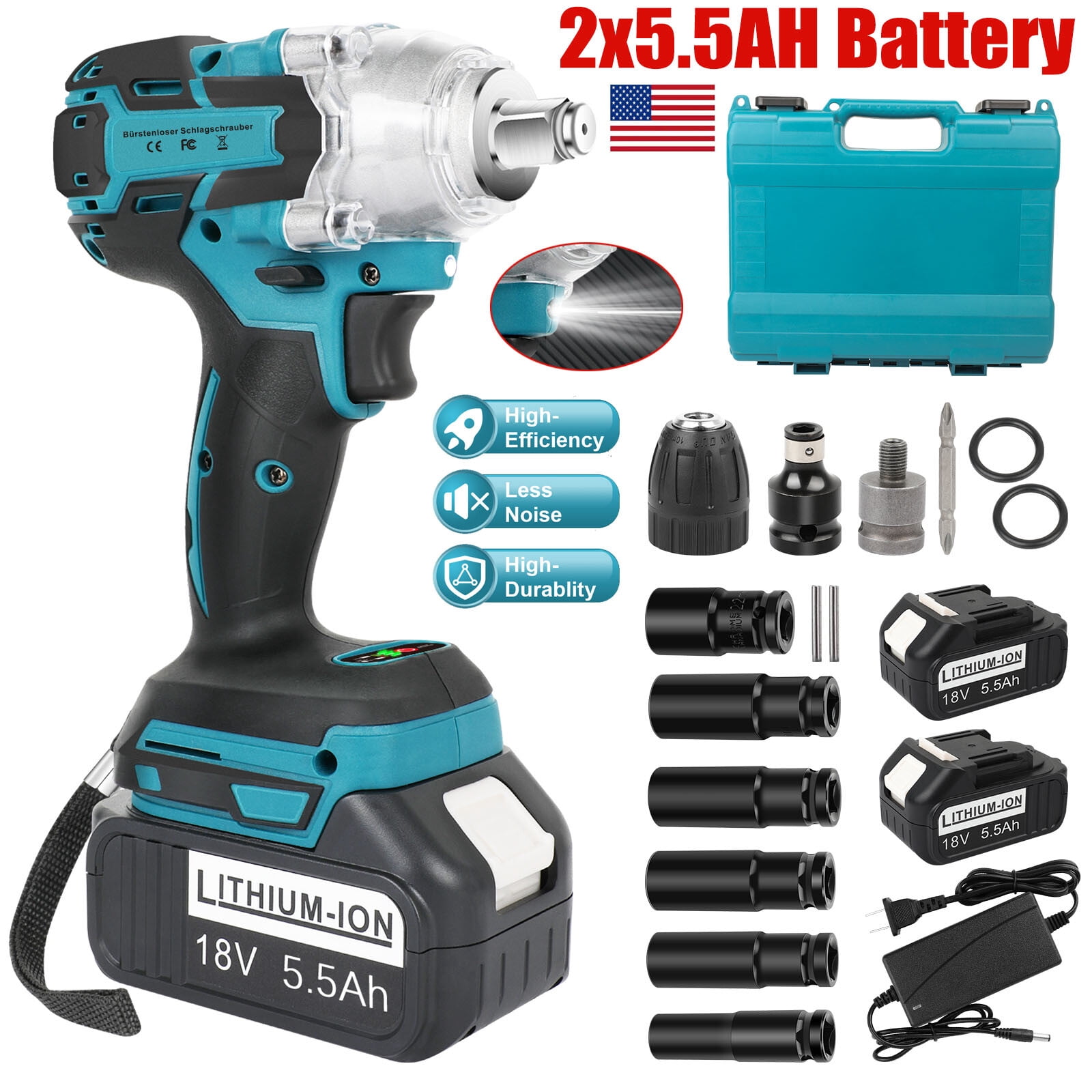 Cordless 1/2" Impact Wrench Kit – 800N.m Torque, Brushless Motor, 2x 4Ah Batteries & Case
