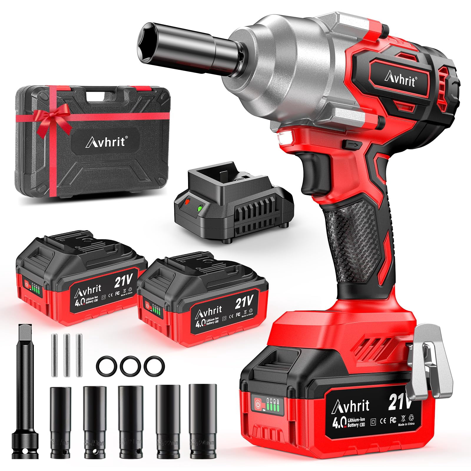 Wellsay Cordless Impact Wrench 1/2 Inch, 295Ft-lbs 400N.m Brushless 3000rpm High Torque Impact Gun 4 0ah Battery Faster Charger 7 Sockets Electric Imp