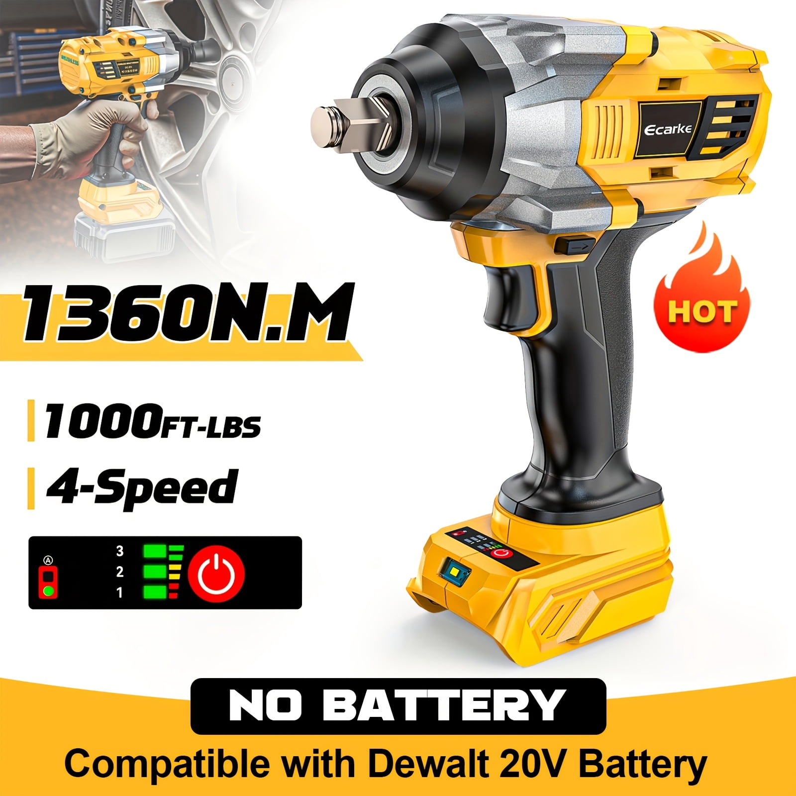 Cordless Impact Wrench 1000FT-LBS for Dewalt Battery, 1/2 inch Brushless Electric 1360N.m Impact Gun Includes LED Work Light, High Torque Impact Driver（No Battery）