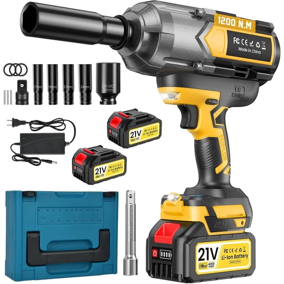 Cordless Impact Wrench 1200 N.m (900Ft-lbs), 1/2 inch Brushless Impact with 2 x 4,0 AH , 5 Sockets & Storage Case, 1 Converter 3/4", 1 Extension, 3 Rubber Rings, for //