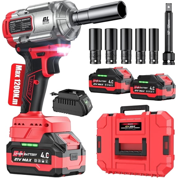 Cordless Impact Wrench, 1200Nm(900 Ft-lbs)1/2" Brushless Impact , 2x4.0AH Impact Variable Speeds, 21V High Torque Power Impact Driver for , DIY, and RV/Mower
