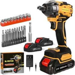 21V Cordless Impact Wrench 1/2 Inch 300Nm Brushless Motor with 2x2.0Ah Batteries, 3 Speed Settings, LED Light, 19 Accessories for Home and Auto, Yellow