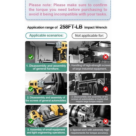 Cordless Impact Wrench 258Ft-lb (350N.m), 1/2 Impact Gun, 2 Batteries, Pistola de Impacto, with 6 Sockets, Electric Impact Driver for Car Tires and Home YELLOW