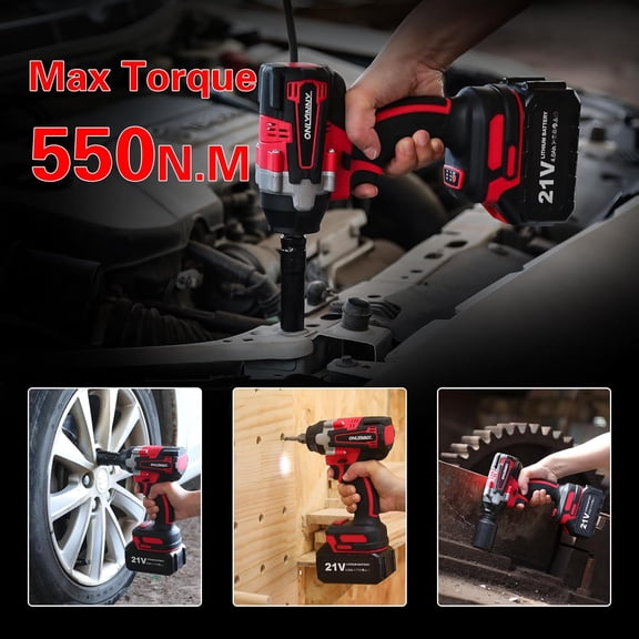 Cordless Impact Wrench - 550N.m(406Ft-lbs)1/2, impact gun, 3300RPM, with 4-Mode Speed, 2 Battery & Charger, 5 Sockets 8 Drill 6 Screws, Electric Impact Wrench for Car/ Furniture/Lawn Mowe