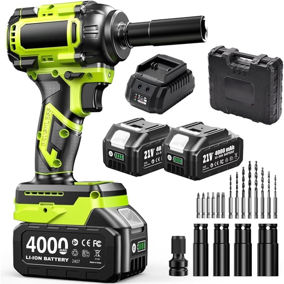 Cordless Impact Wrench, 590Ft-lbs (800N.m) Brushless 1/2 inch, 2800RPM High Torque Impact , 2x 4.0Ah , , 4 Sockets,  Impact Wrench for