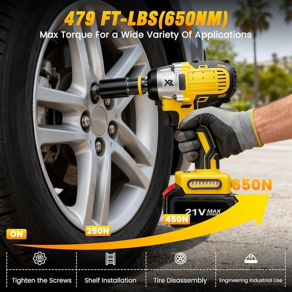 Cordless Impact Wrench, 650N.m/479Ft-lbs Brushless Impact Wrench, 1/2" 3300RPM High Torque Impact Gun, 2x 4.0Ah Battery, 5 Sockets, 8 Drill, 6 Screws, Electric Impact Driver for Car/