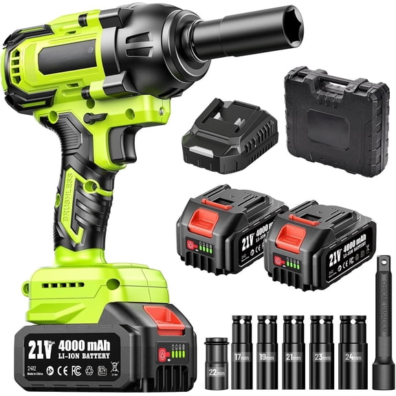 Cordless Impact Wrench, 885Ft-lbs (1200N.m) 1/2" Brushless Impact , 21V High Torque Power Impact Driver, 2x4.0Ah Impact Variable Speeds for / RV/Mower