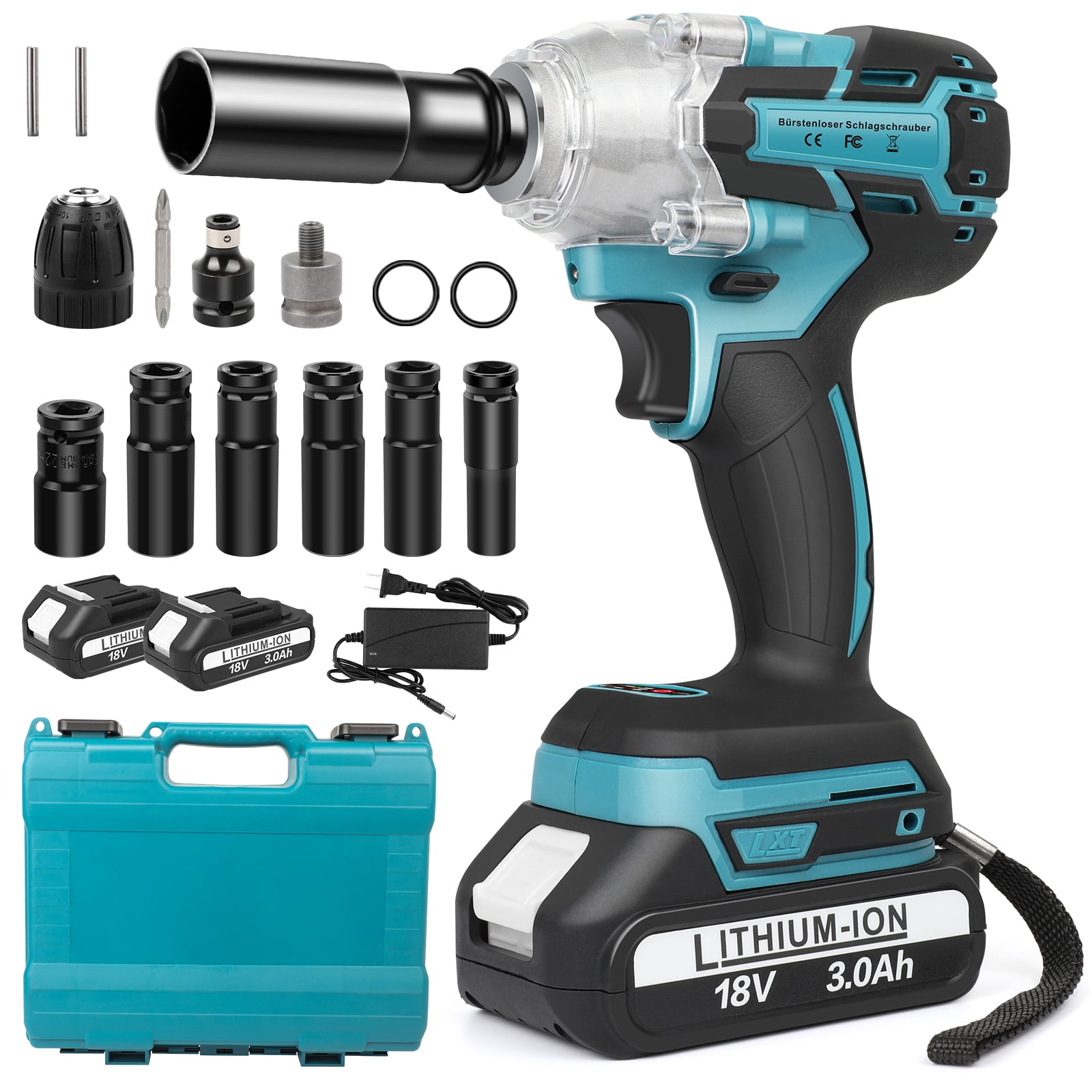 1/2'' Cordless Right Angle Impact Wrench Kit ,Seesii Brushless Power Impact  Wrench 220Ft-lbs(300N.m), w/4.0Ah Rechargable Battery & 4 Sockets