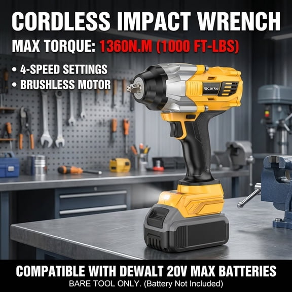 Cordless Impact Wrench Compatible with DeWalt 20V Battery: 1/2 Inch Hog Ring Impact Driver - High Torque - 1360N.m/1000Ft-lbs Cordless Impact Gun - Brushless Motor with LED Light - Tool Only