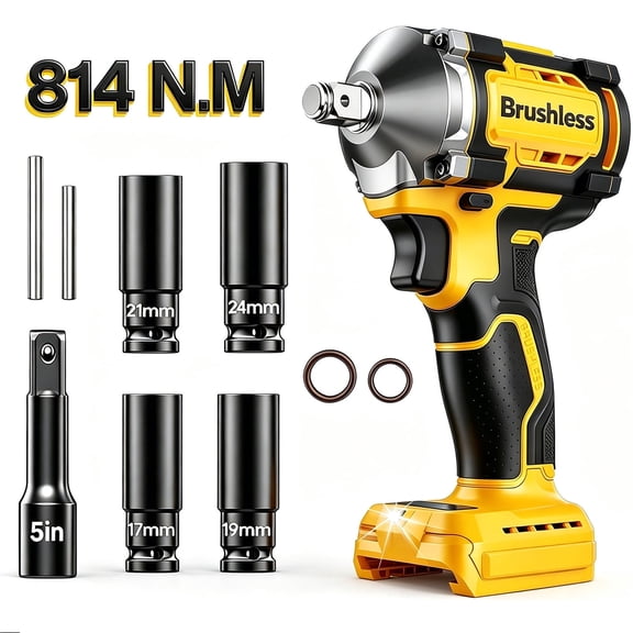 Cordless Impact Wrench for DEWALT 20V Max Battery, 600FT-LBS Brushless Electric Impact Gun, 1/2" Drive w/ 7 Sockets for Automotive & DIY Projects (Bare Tool)