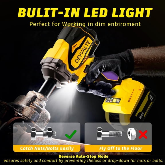 Cordless Impact Wrench for DeWalt 20V Battery, 1/2 inch Power Impact Wrench, Brushless Electric Impact Gun 665Ft-lbs(900N.m) High Torque Impact Driver with 3-Mode, LED Work Light(No Battery)