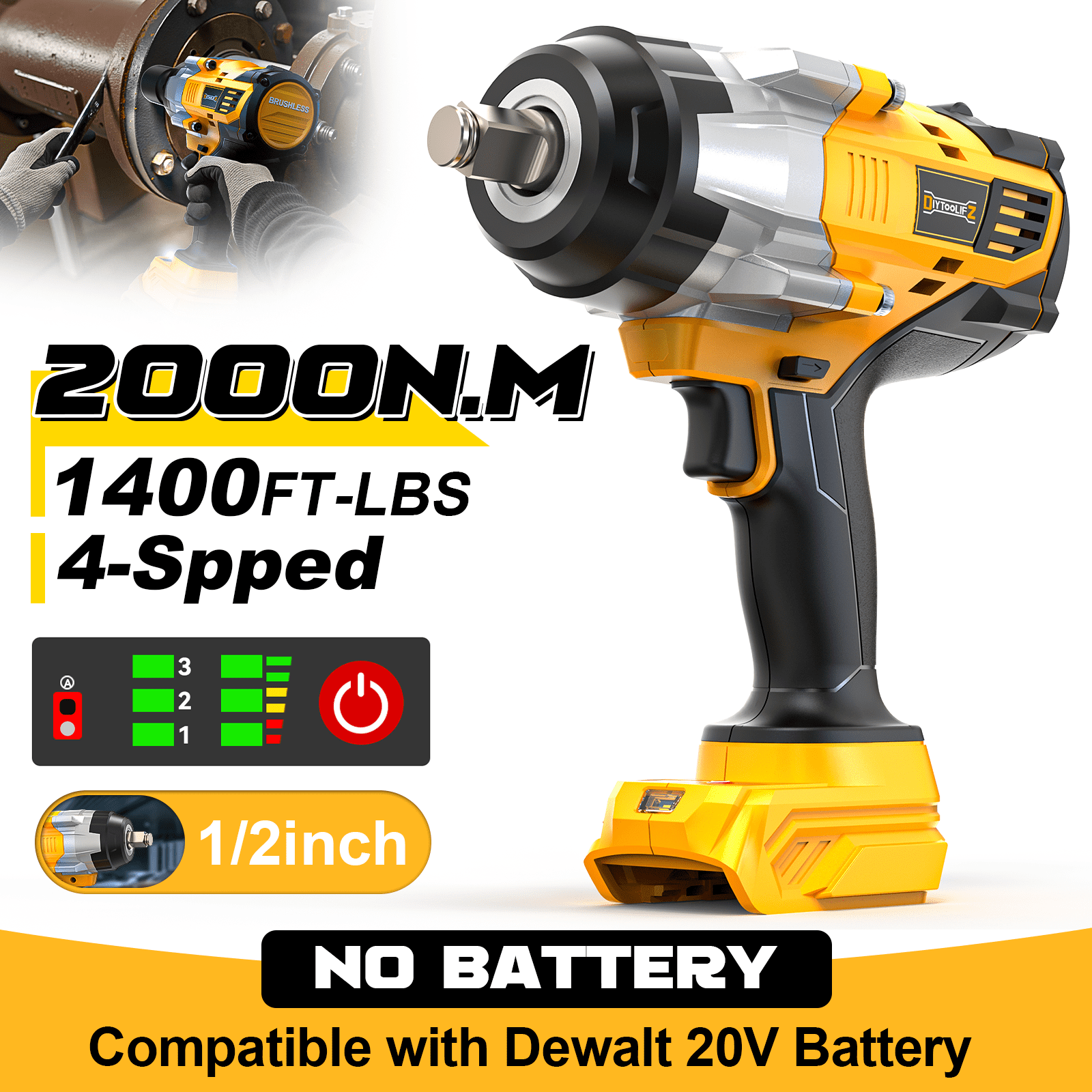 Cordless Impact Wrench High Torque 1/2", Compatible for Dewalt 20V Battery, 1400 Ft-lbs (2000 Nm),Brushless Electric Impact Gun with 4 Modes & LED Light (NO Battery)