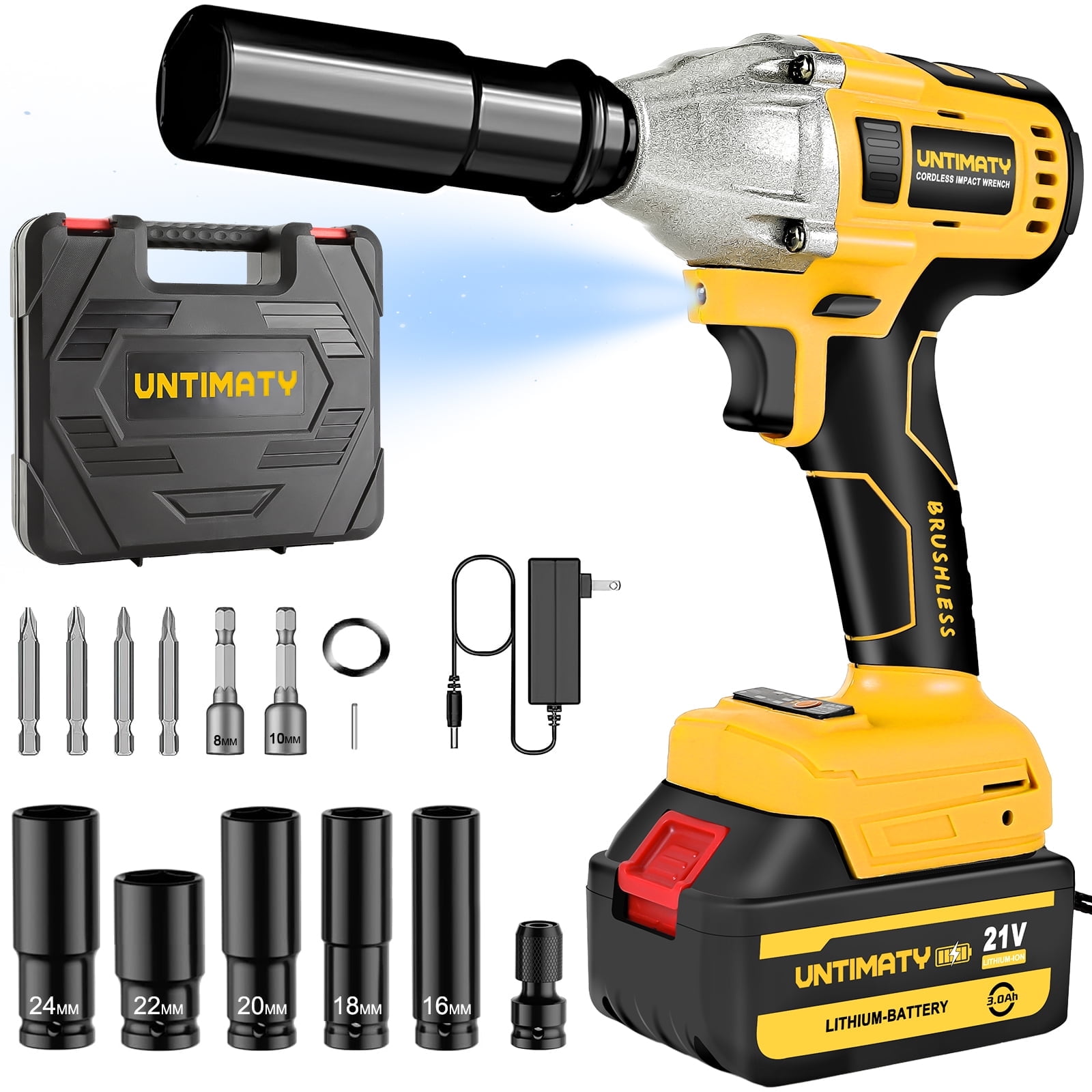 Cordless Impact Wrench, UNTIMATY 1/2 inch  Brushless Impact Gun, Max Torque 320 Ft-lbs（430N.m） Impact Wrench with 21V Brushless Motor, with 3.0Ah Li-ion Battery & 7 Sockets,Yellow