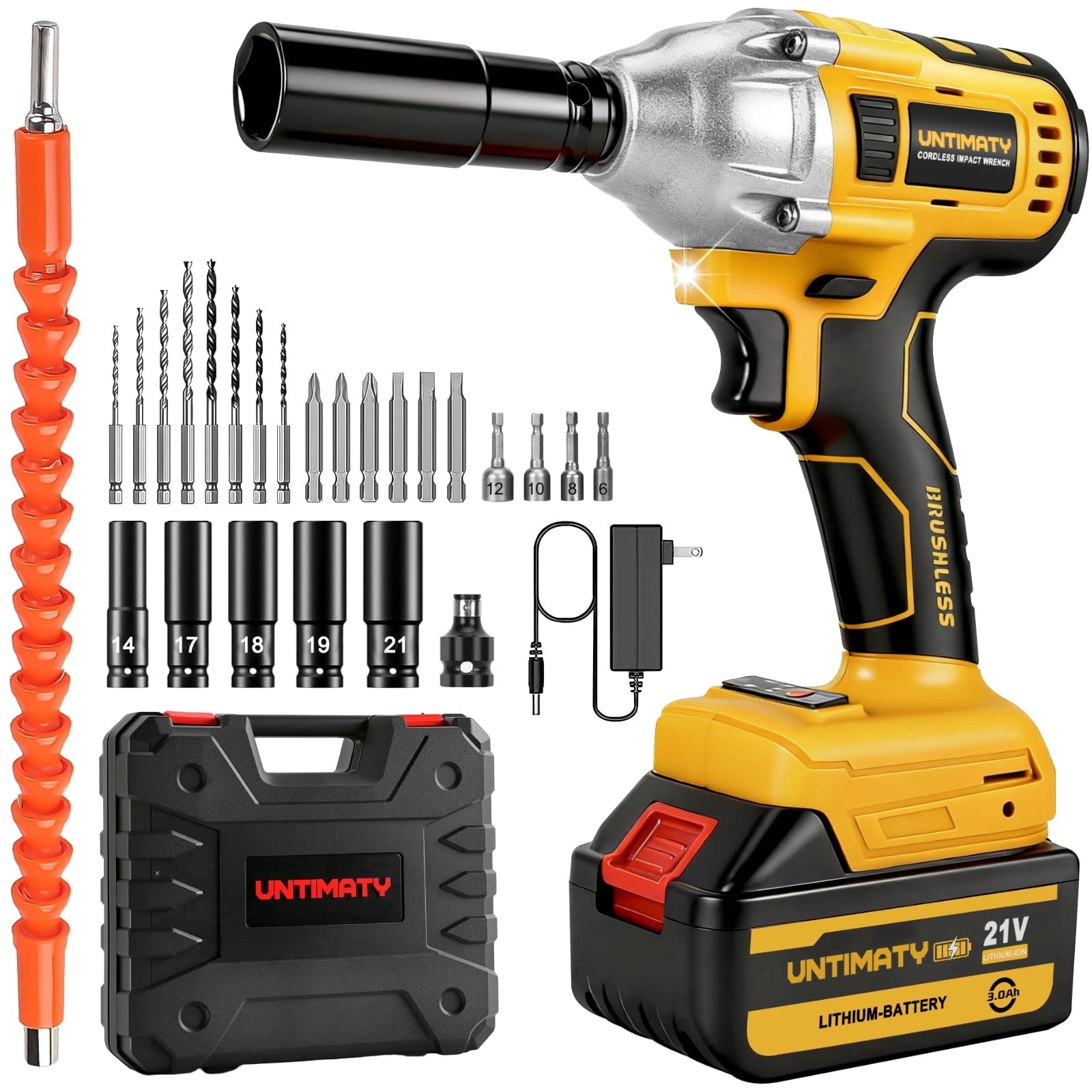 Cordless Impact Wrench, UNTIMATY 1/2 inch  Brushless Impact Gun, Max Torque 320 Ft-lbs（430N.m） Impact Wrench with 21V Brushless Motor, with 3.0Ah Li-ion Battery & 7 Sockets,Yellow