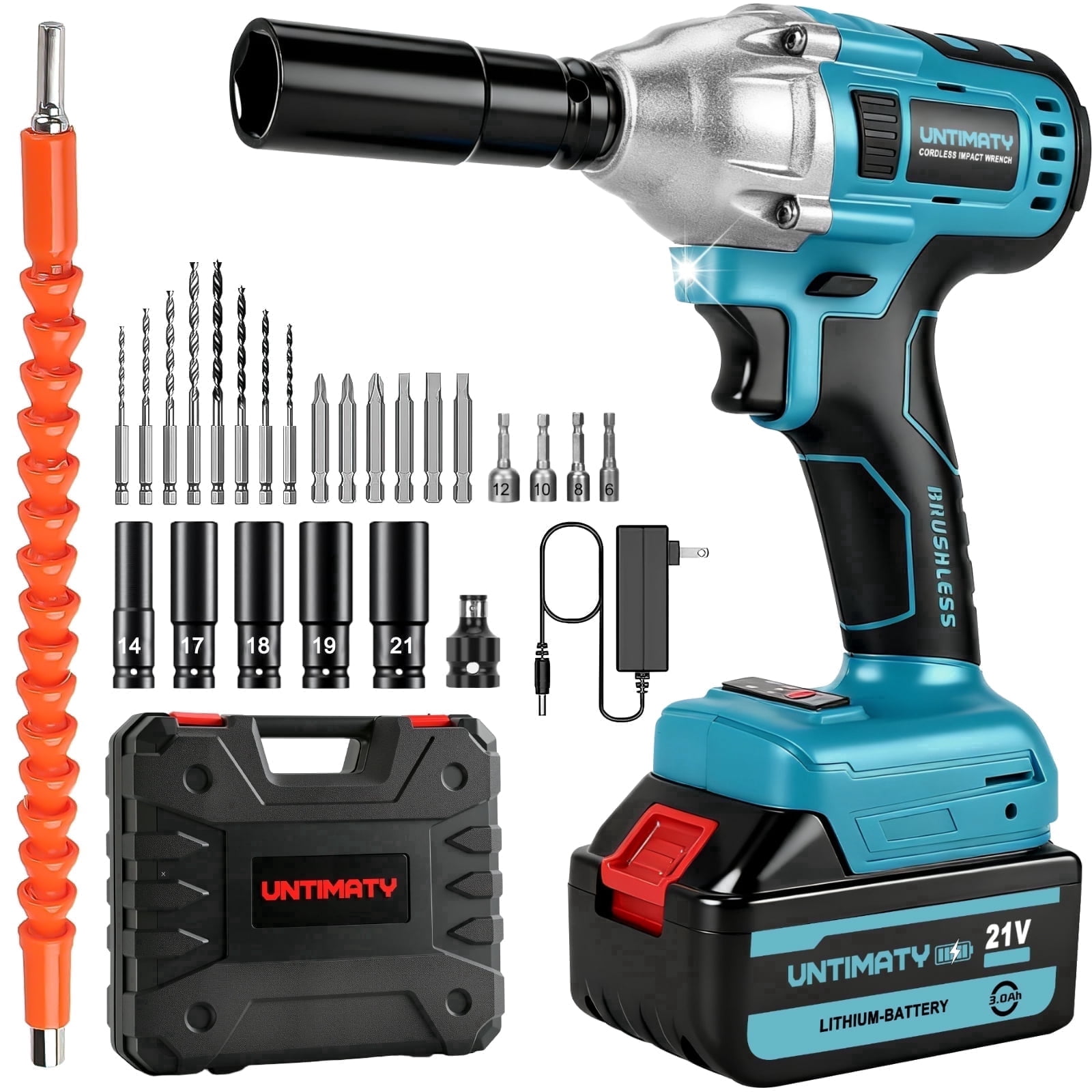 Cordless Impact Wrench, UNTIMATY 1/2 inch  Brushless Impact Drivers, Max Torque 320 Ft-lbs（430N.m） Impact Wrench with 21V Brushless Motor, with 3.0Ah Li-ion Battery & 7 Sockets,Blue