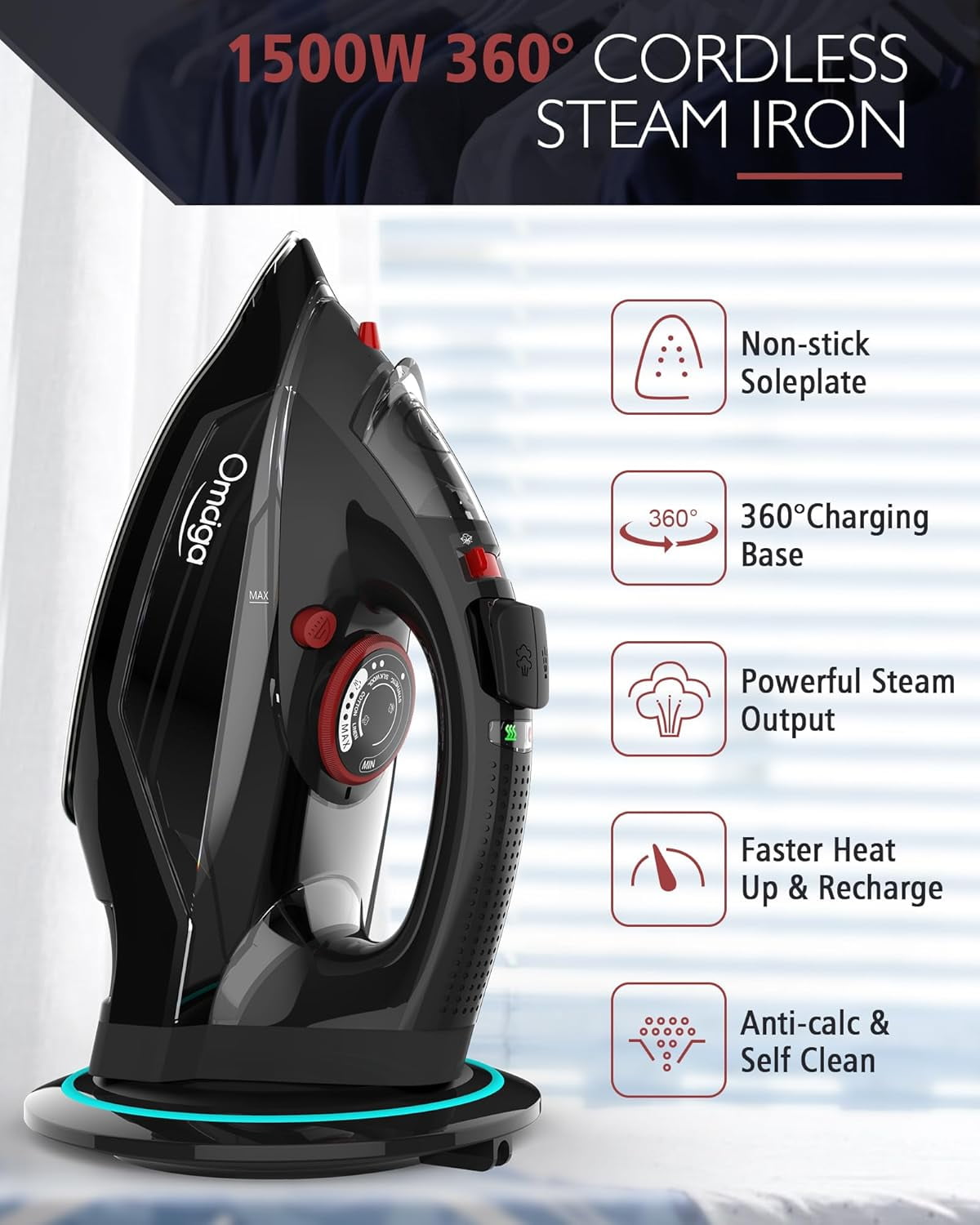 Cordless Iron for Clothes, 1500W Steam Iron Rapid Heating, Ceramic ...