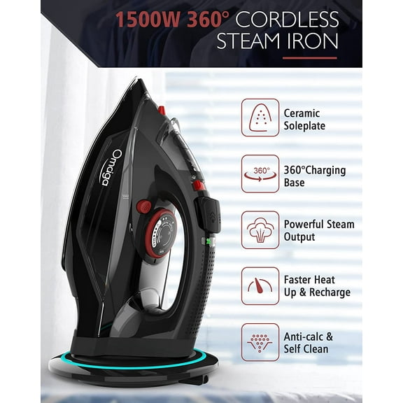 Cordless Iron for Clothes, 1500W Steam Iron Rapid Heating, Non-Stick Ceramic Soleplate, Auto Shut Off, Burst of Steam, Self-Clean, Anti Drip, 3 Temperature Settings, 11.84oz Water Tank, Black