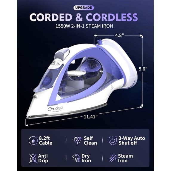 Cordless Iron for Clothes, 1550W 2-In-1 Cordless/Corded Steam Iron Rapid Heating, Ceramic Soleplate, 3-Way Auto-Off, Self-Cleaning, 12.85oz Water Tank Ironing Clothes for Home,