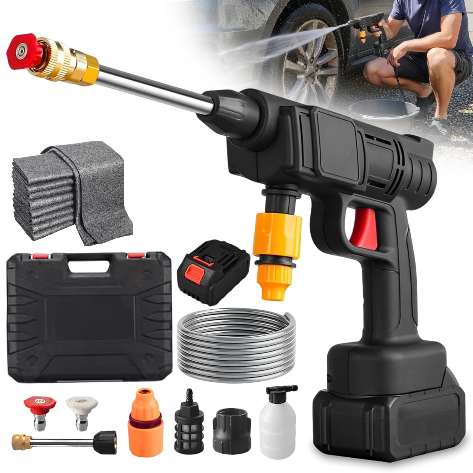 Cordless Jet Washer,Portable Power Washer with 5M Hose, Adjustable Nozzle, Rechargeable Handheld Jet Wash Cleaner for Car/Floor/Garden Cleaning