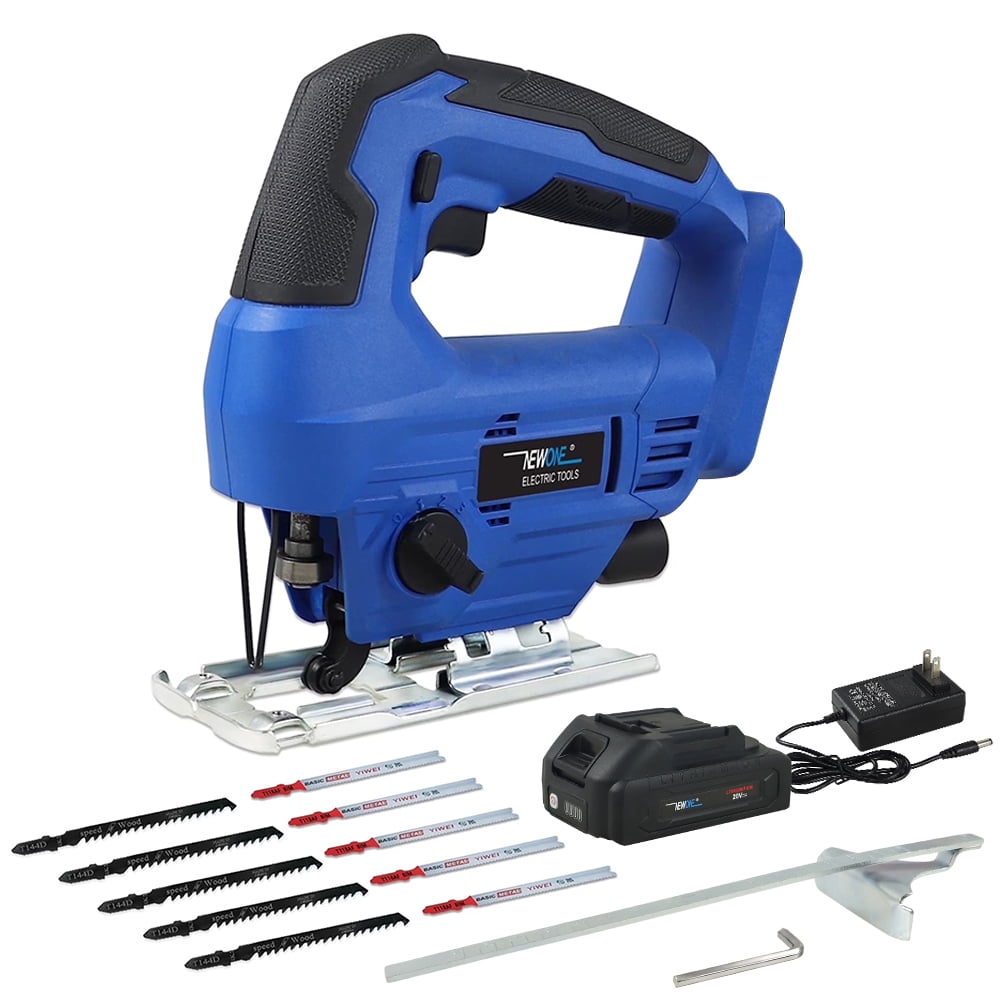 NEWONE Cordless Jig Saw 2400RPM Variable Speed with 20V 2.0Ah Battery Charger 10PCS Saw Blades Parallel Guide 0- 45 Bevel Cuts, LED Light, 4 Orbital Settings for Straight/Curve/Circle Cutting