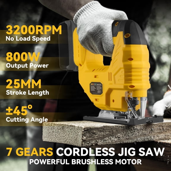 Cordless Jig Saw for De-Walt 20V Battery, 7 Speed Variable Up to 3200RPM, LED Light, 45 ° Bevel Cuts, 3 Orbital Motions, with Jig Saw Blades for Straight/Curve/Circle Cutting (Battery Not Included)