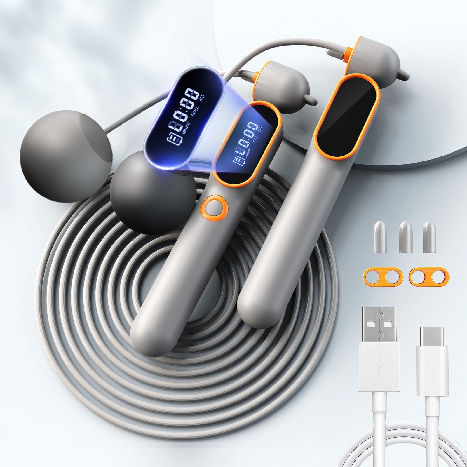 Cordless Jump Rope with Counter, 2 In 1 Weighted Ropeless Skipping Rope for Kids Women Men, Adjustable Digital Smart Jump Ropes for Fitness Workout Boxing Speed Training Crossfit Home Gym Orange