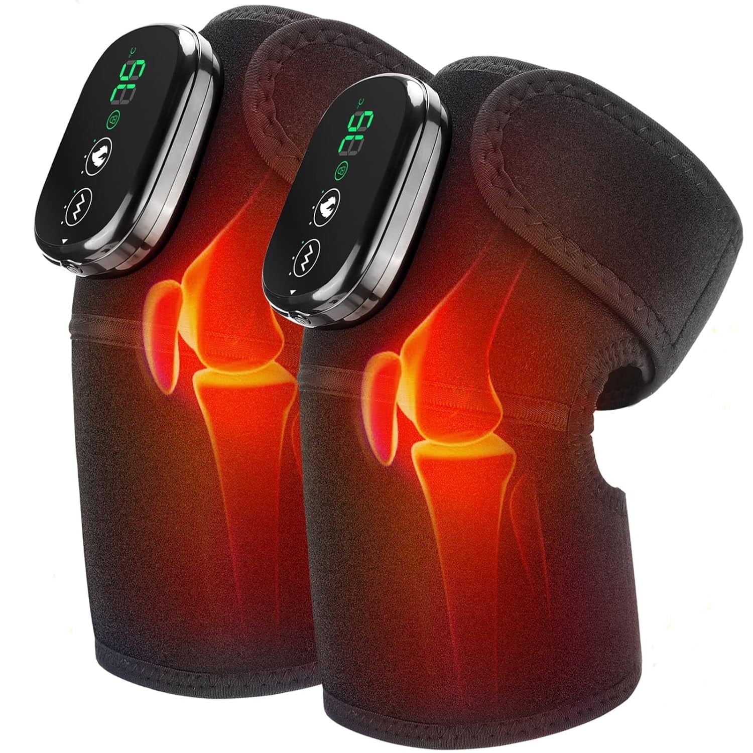 Cordless Knee Massager with Heat and Vibration, Heating Pad for Knee Shoulder Elbow Relax, 3 Vibrations and Heating Modes, Heated Knee Brace for joint with Massage(2pcs)