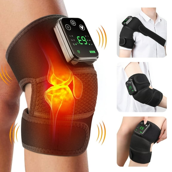3 in 1 Heated Massager for Knee Shoulder & Elbow, Heated Knee Brace, Shoulder Heating Pad with 3 Level Heated & Vibration, 2 Extension Straps, 4000mAh Battery for Stress Relief, Black