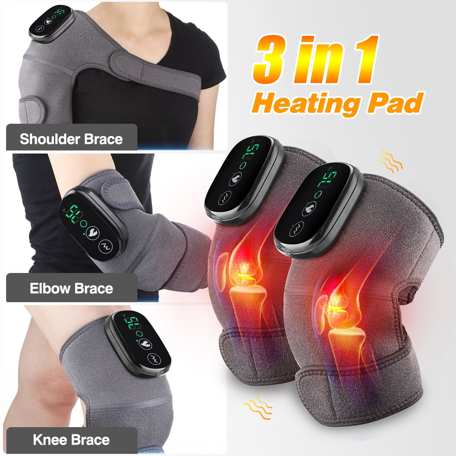 Cordless Knee Massager Shoulder Brace with Heat, 3-In-1 Heated Knee Elbow Shoulder Brace Wrap, Vibration Knee Heating Pad,3 Vibrations and Heating Modes,Heating Pad for Knee Elbow Shoulder Relax,2Pcs