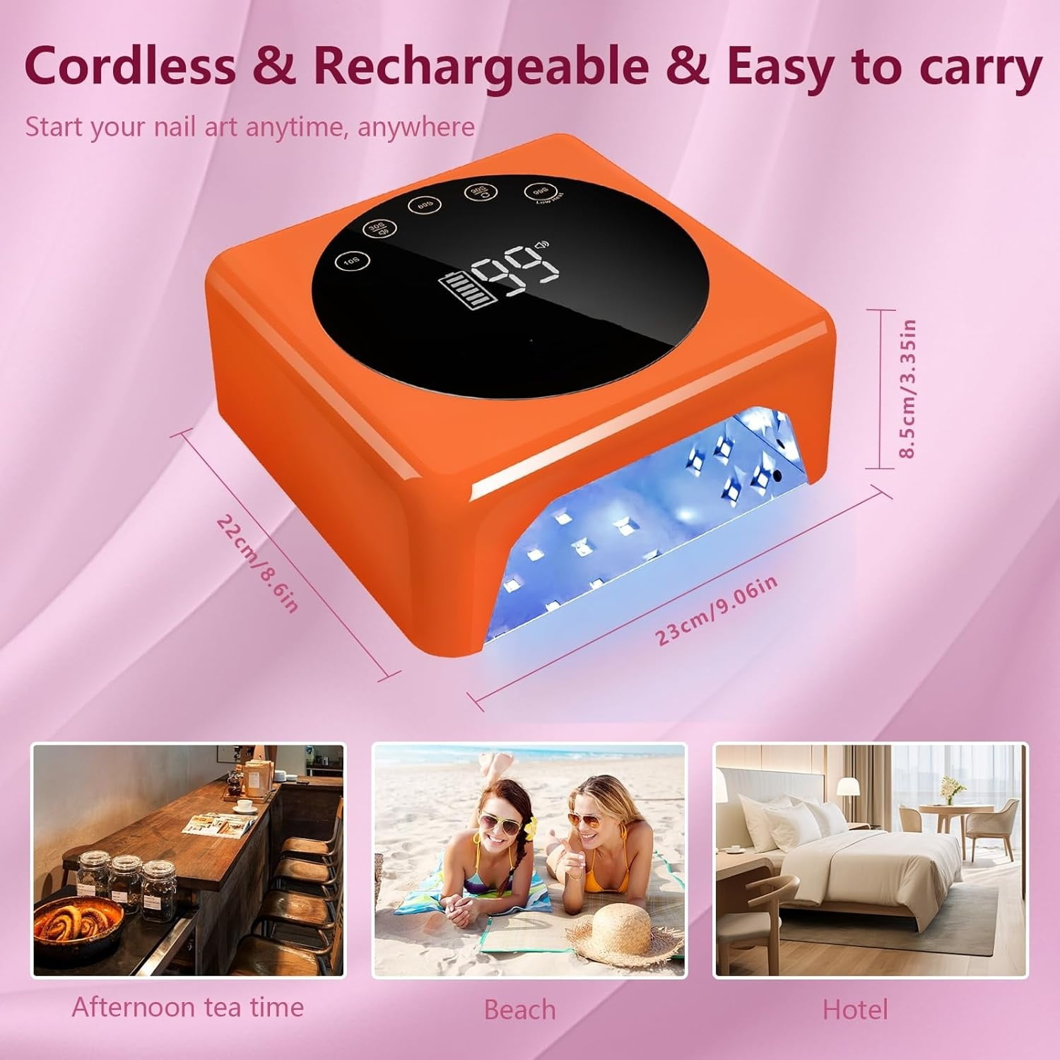 Cordless LED Nail Lamp, 78W Rechargeable UV Nail Light, Intelligent Infrared Sensor and LCD Display Curing Nail Lamp, Portable Nail Dryer Gel Polish Light with 5 Timer Setting Orange