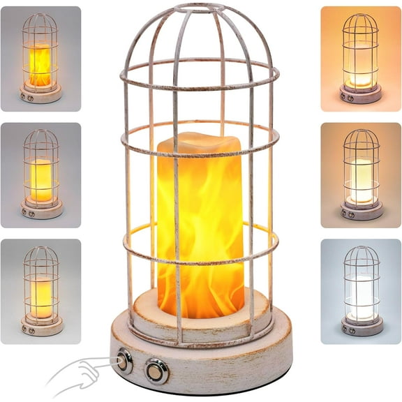 Cordless LED Table Lamp, 5000mAh Battery Powered Small Desk Lamp, 3 Color Stepless Dimmable with Flame Lantern, Portable Rechargeable Light for Dinner/Patio/Restaurant/Bar/Coffee Shop/Camping