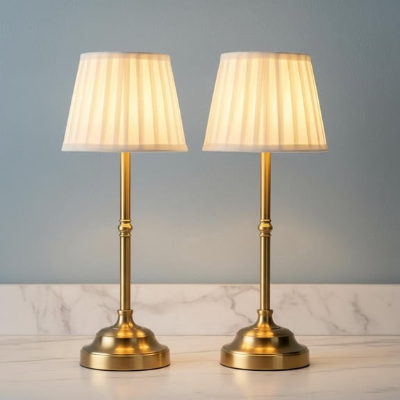 Cordless LED Table Lamp Set of 2, Portables Fabric Shade Desk Lamps, Rechargeable Battery Powered Lighting, Dimmable Light for Dining Room, Bedroom, Bedside, Balcony (Bronze)