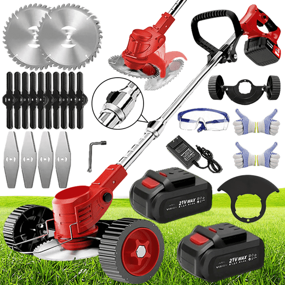 Cordless Lawn Trimmer Weed Wacker - 21V Lawn Mower Grass Edger with 2.0Ah Li-Ion Battery Powered & 3 Cutting Blade Types, Compact Power Tool for Lawn Yard Work