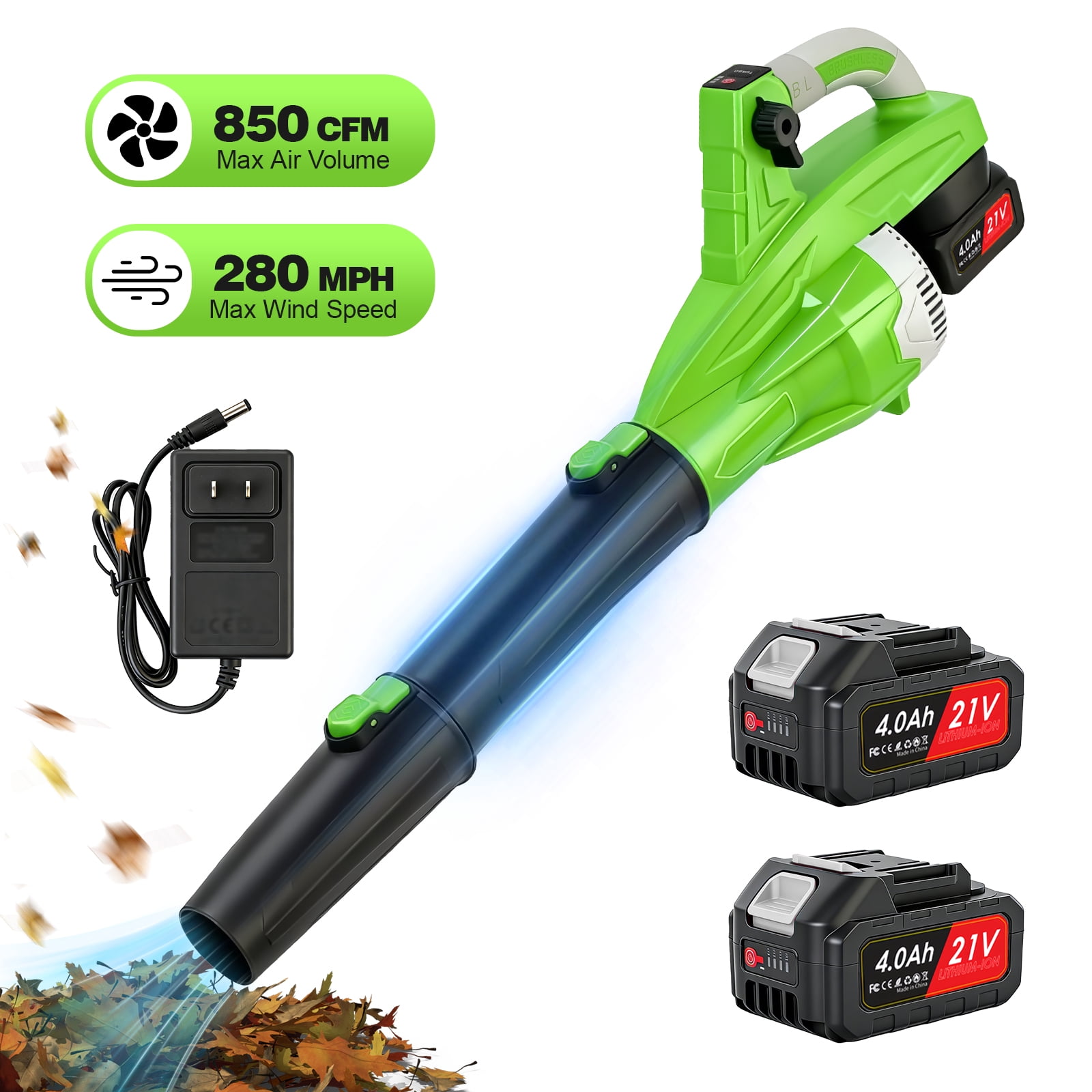 Cordless Leaf Blower, 200 MPH 850 CFM Electric Blower with 8 Speeds, 2×4.0AH Batteries and Charger, Lightweight for Yard, Patio and Dust Cleaning