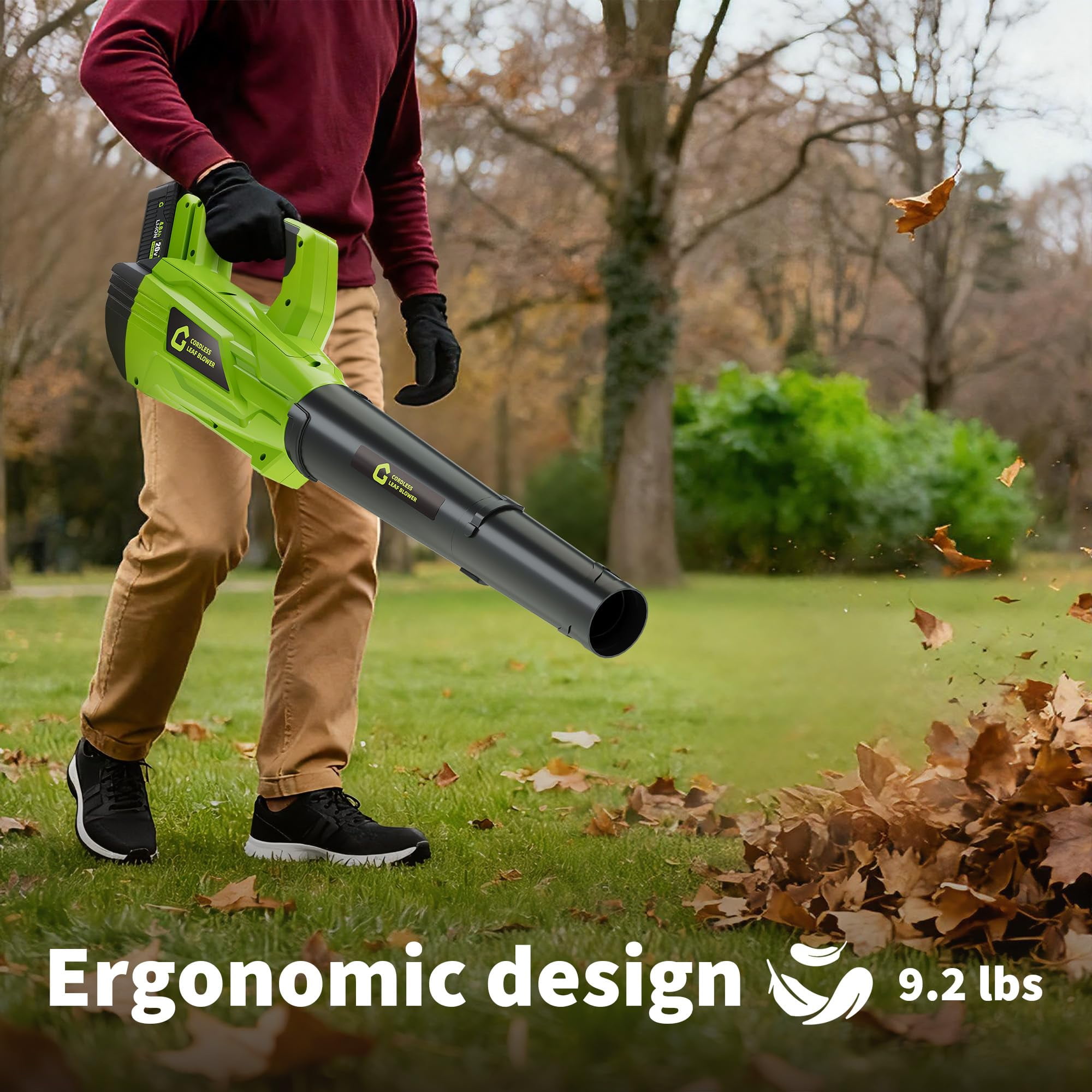 Cordless Leaf Blower 21V – 550 CFM 130 MPH Electric Yard Blower with 6-Speed Control, 2×2.0Ah Batteries & Charger, Adjustable Tube Lightweight Handheld Blower for Lawn, Patio & Garden Cleanup