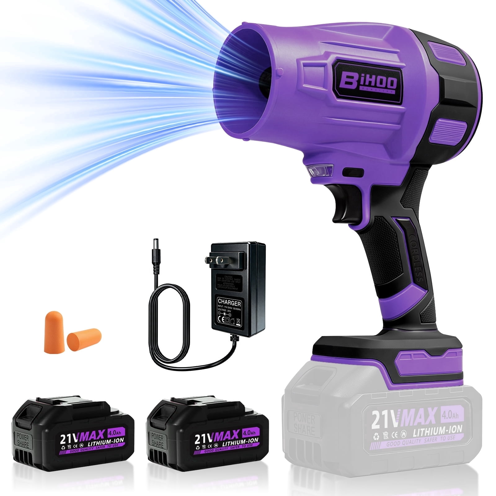 Electric Cordless Leaf Blower, 21VPurple Handheld Blower with 2×4.0Ah Lithium Batteries & Charger, For Lawn, Dust, Leaves, Light Snow, Car Drying